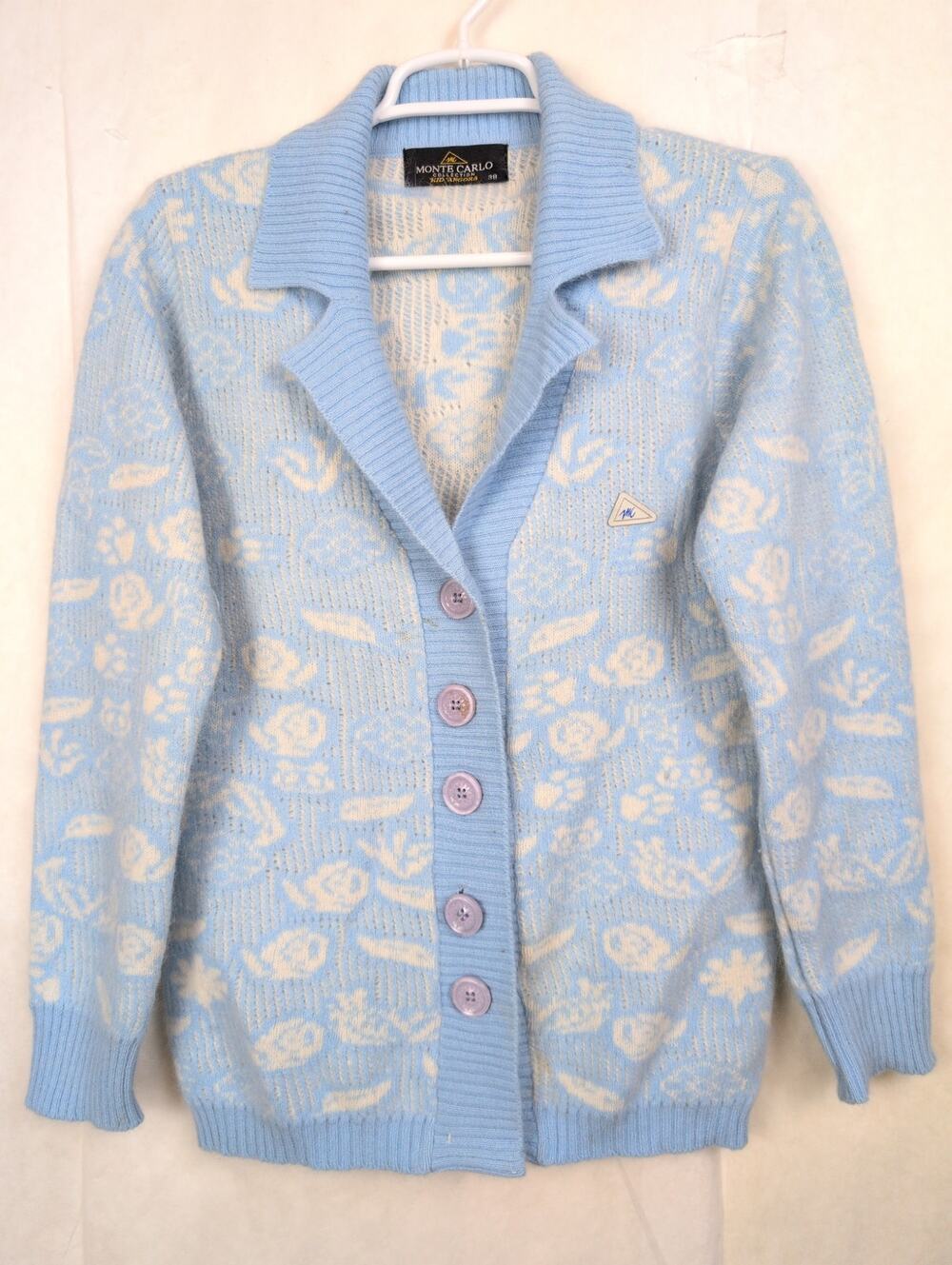 Vintage Monte Carlo angora blue floral button up collared cardigan sweater Sz 38